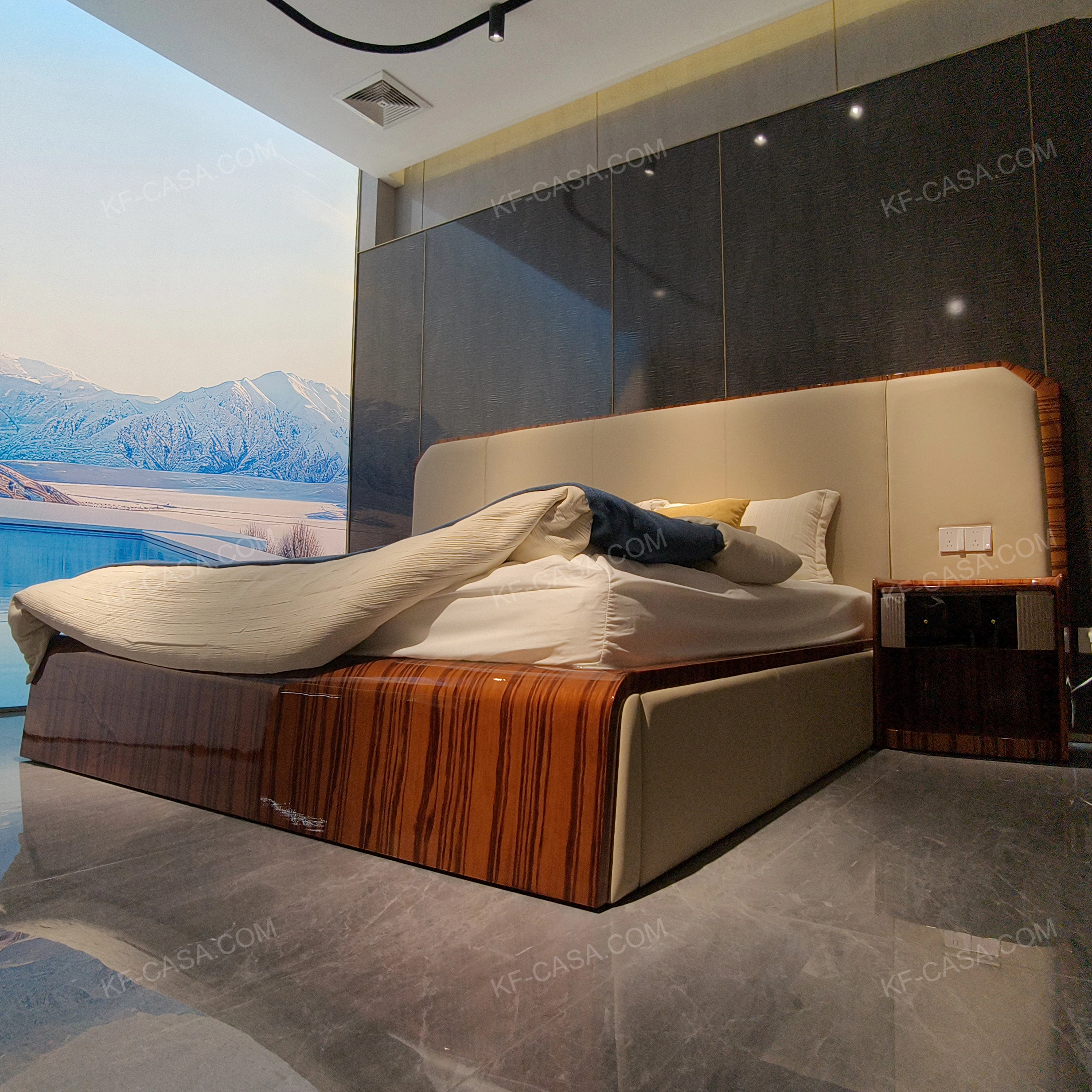 Soft Beige Upholstered Bed with Natural Wood Veneer Trim & Integrated Ambient Lighting